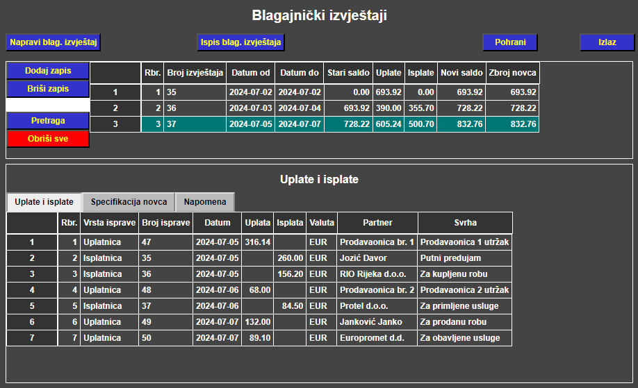 Blagajna - Blagajnički izvještaji