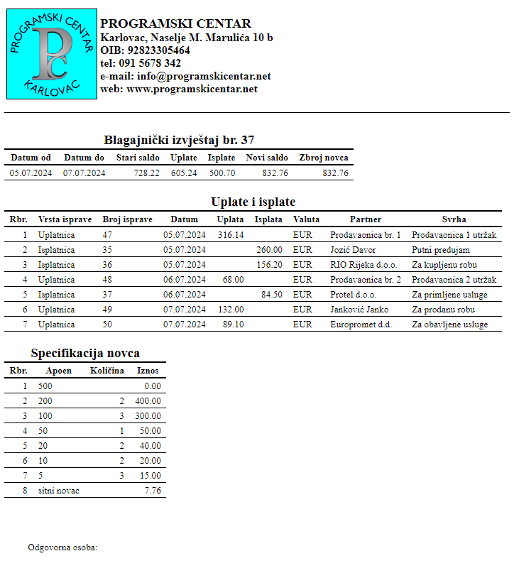 Blagajna - Ispis blagajničkog izvještaja