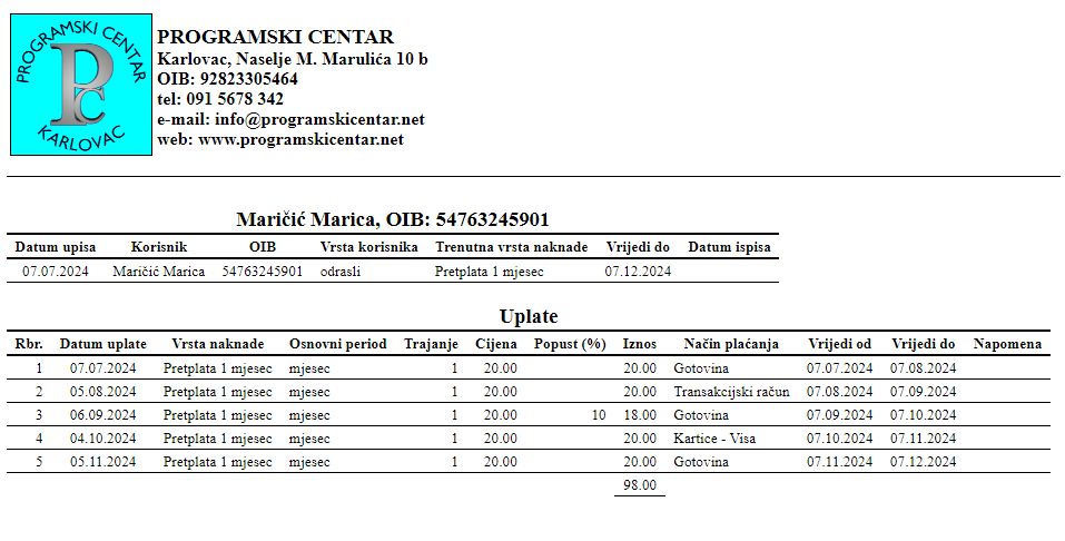 Članarine i pretplate - Ispis uplata korisnika