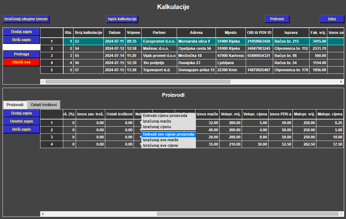 Kalkulacije - Izbornik za računanje cijene ili marže
