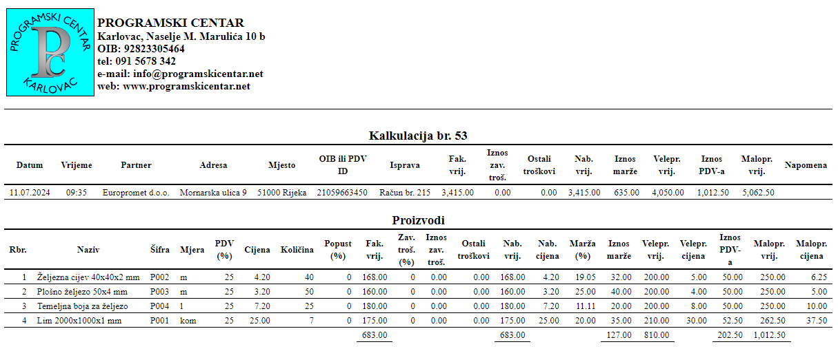 Kalkulacije - Ispis kalkulacije