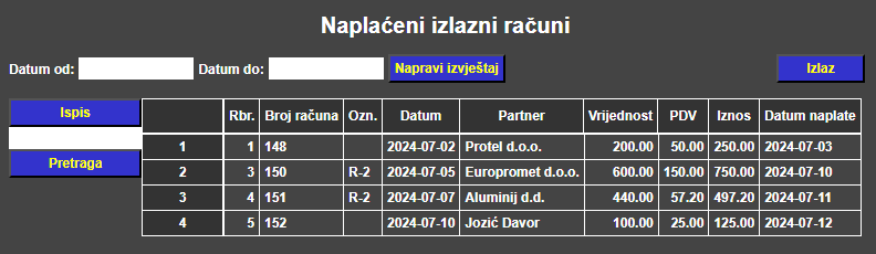 Kupci i dobavljači - Naplaćeni izlazni računi