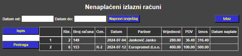 Kupci i dobavljači - Nenaplaćeni izlazni računi