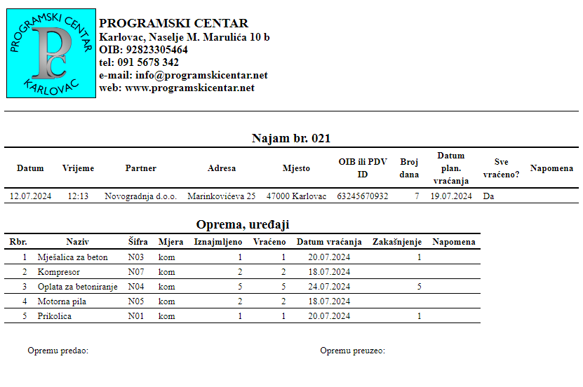 Najam - Ispis dokumenta o najmu