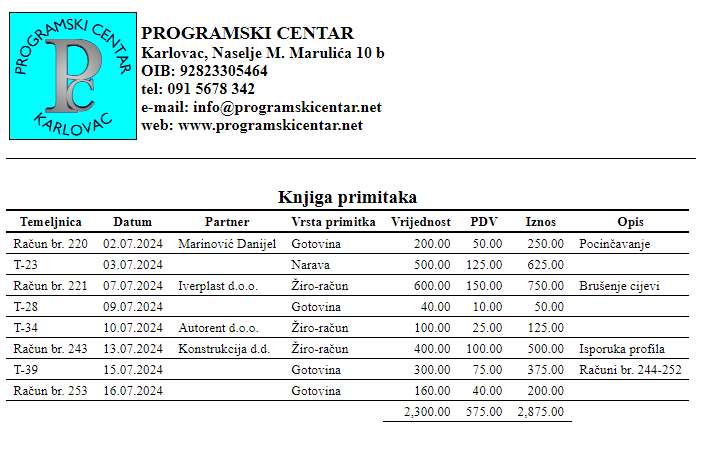 Obrt - Ispis knjige primitaka