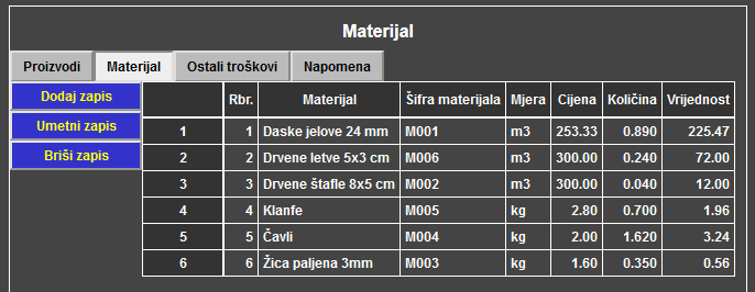 Proizvodnja 2 - Radni nalog - Materijal