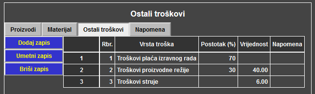 Proizvodnja 2 - Radni nalog - Ostali troškovi