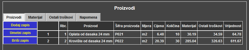 Proizvodnja 2 - Radni nalog - Proizvodi