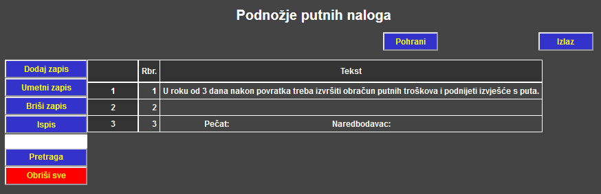 Putni nalozi - Podnožje putnih naloga