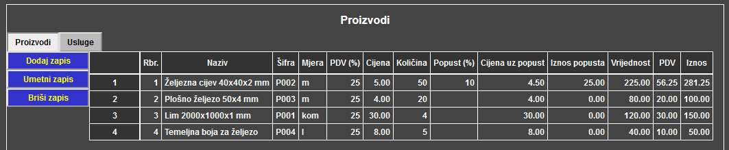 Računi - Račun - Proizvodi