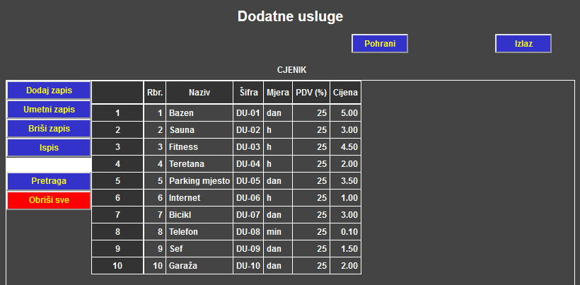 Računi turizam - Cjenik - Dodatne usluge