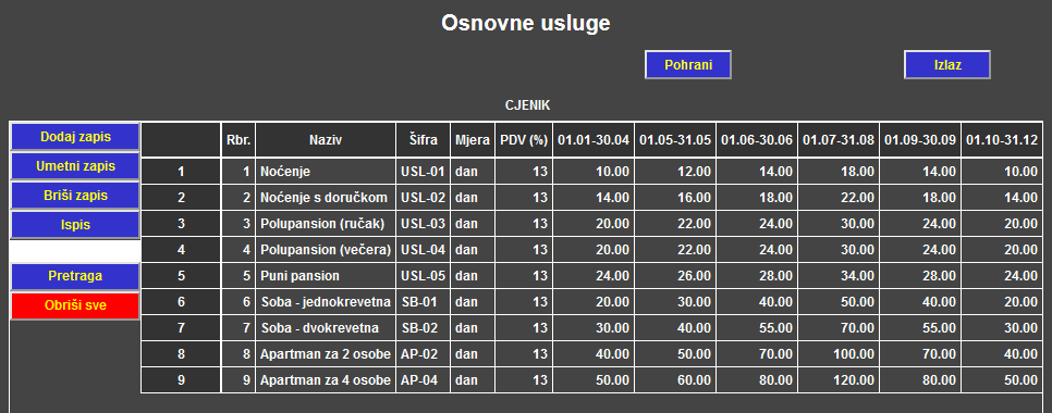 Računi turizam - Cjenik - Osnovne usluge