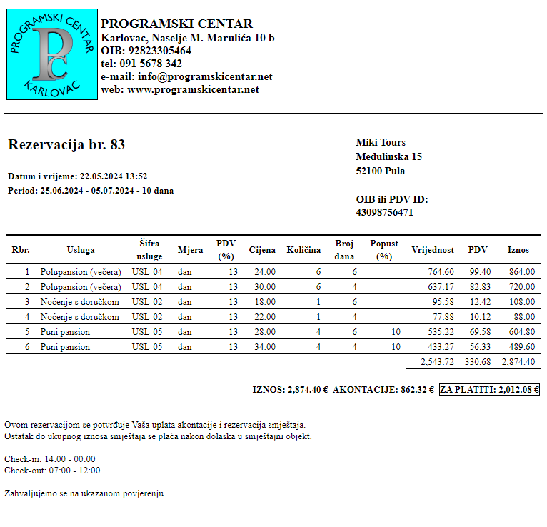 Računi turizam - Ispis rezervacije