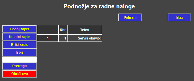 Servis - Podnožje radnih naloga