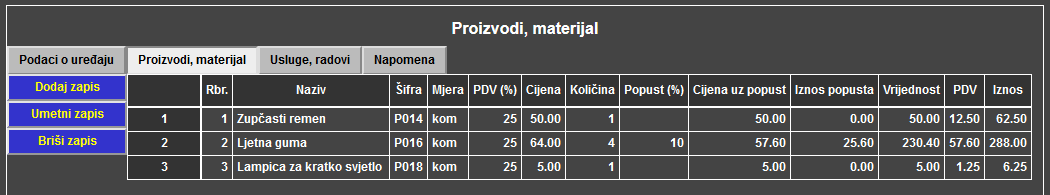 Servis - Radni nalog - Proizvodi, materijal