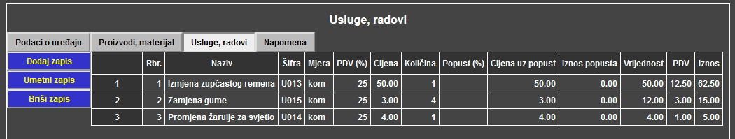 Servis - Radni nalog - Usluge, radovi