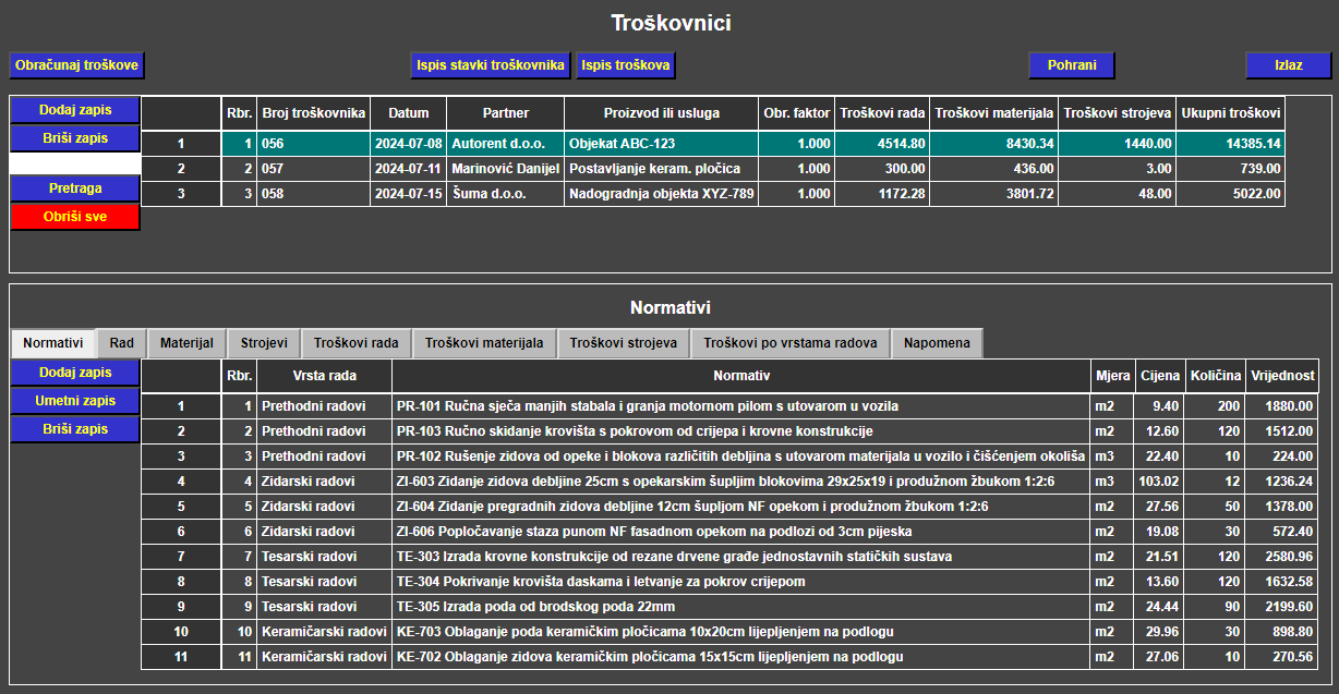 Troškovnici - Evidencija