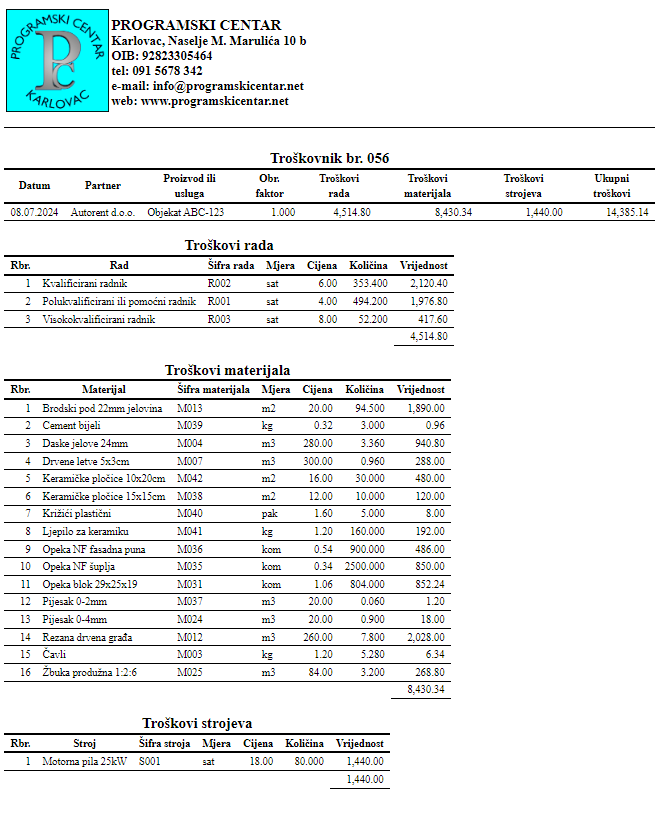 Troškovnici - Ispis osnovnih troškova rada, materijala i strojeva